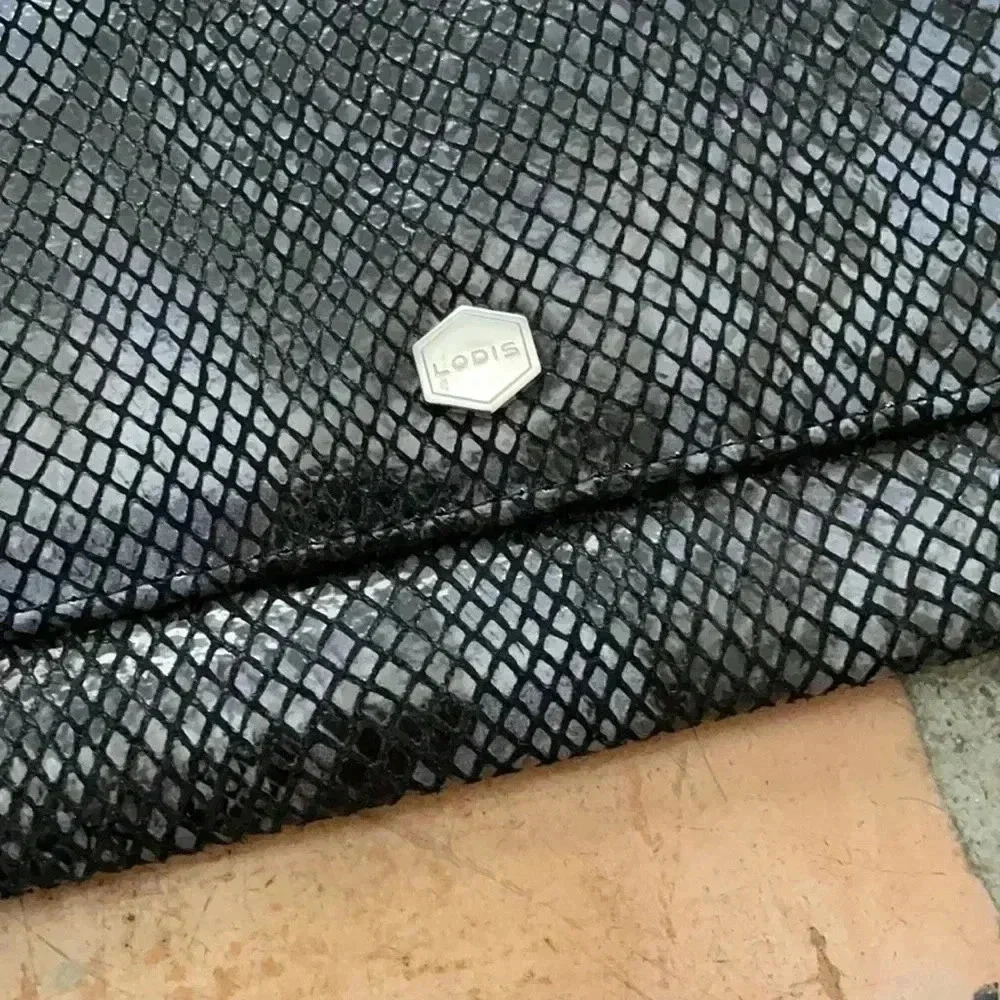 EXCELLENT Lodis black and grey snake print clutch with ID and card slots